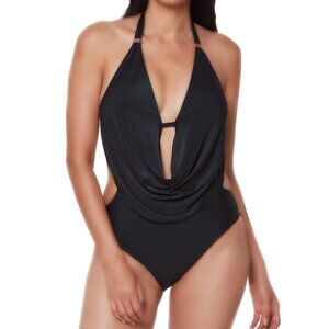 Bar III Cowlneck One-Piece Swimsuit - Solid Black | Size M